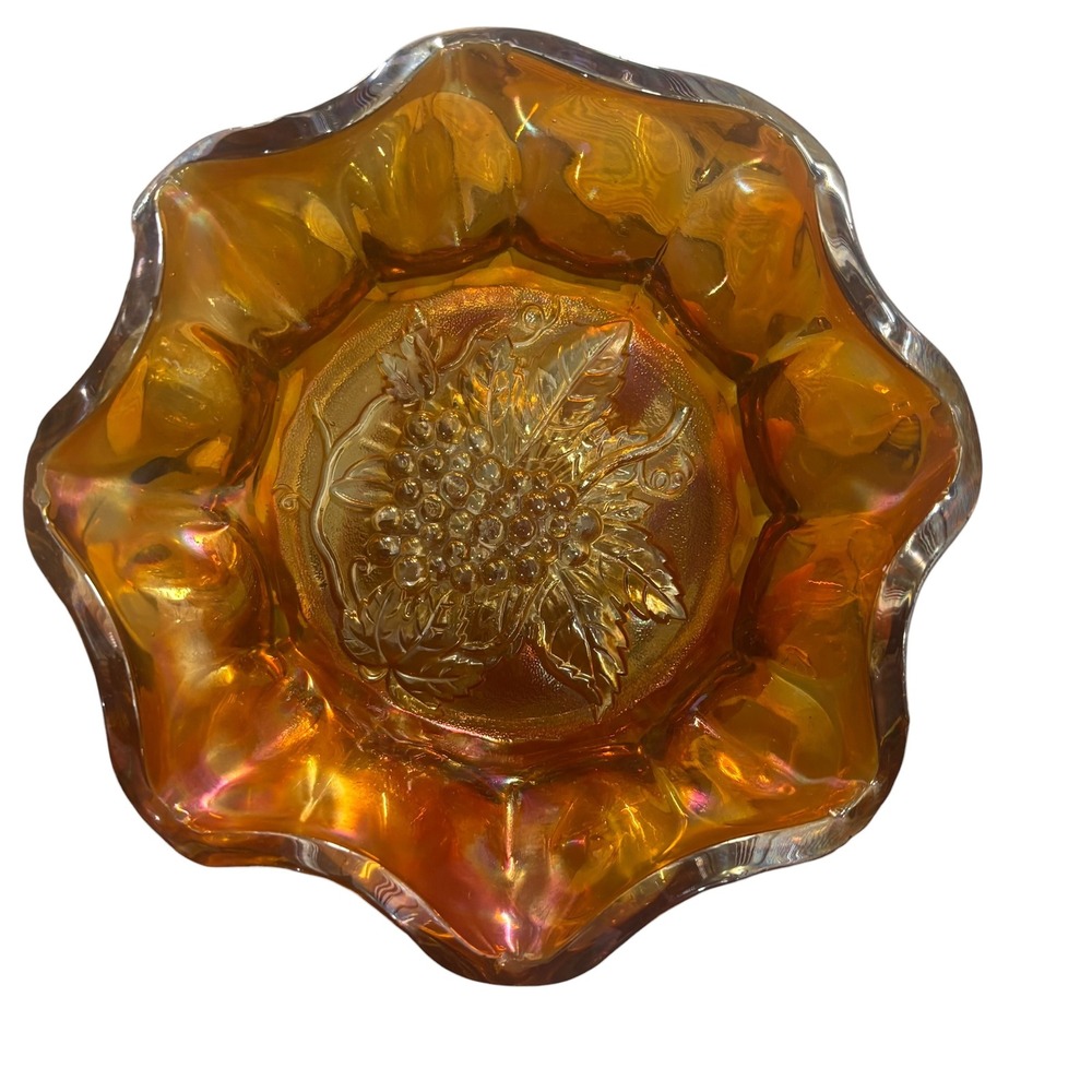 Vintage Marigold‎ Carnival Glass Bowl Grape Cluster Ruffled Edge 6 Inch